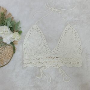 Lulus Let's Run Away Ivory Crochet Halter Crop Top Size M/L